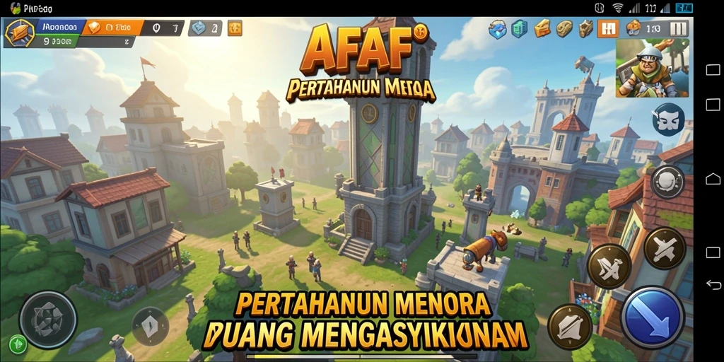 Tampilan gameplay AFAF dengan menara yang strategis dan serangan musuh.