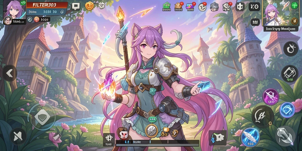 Tampilan gameplay FILTER303 yang menarik dengan karakter Anime penuh warna.
