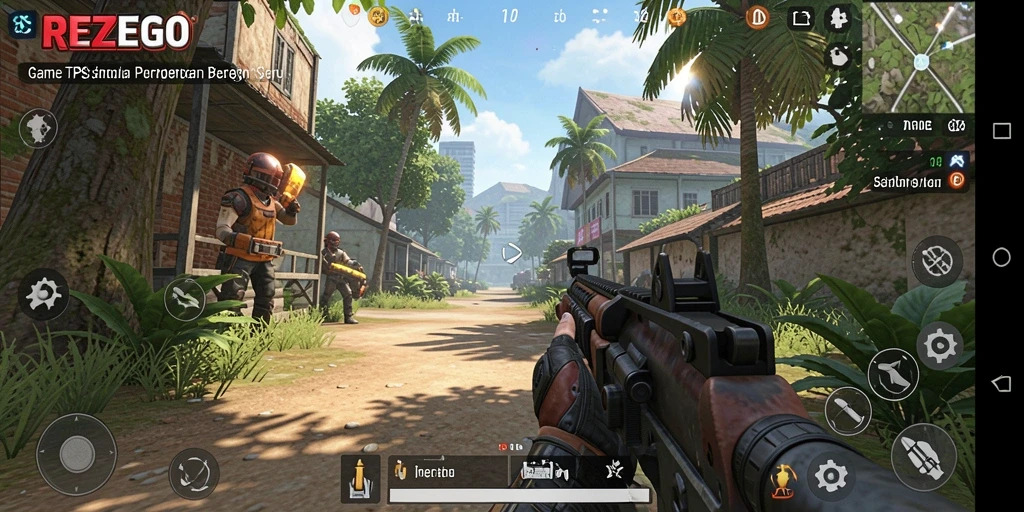 Tampilan screenshot utama REZEGO menunjukkan intensitas pertempuran dalam game TPS.